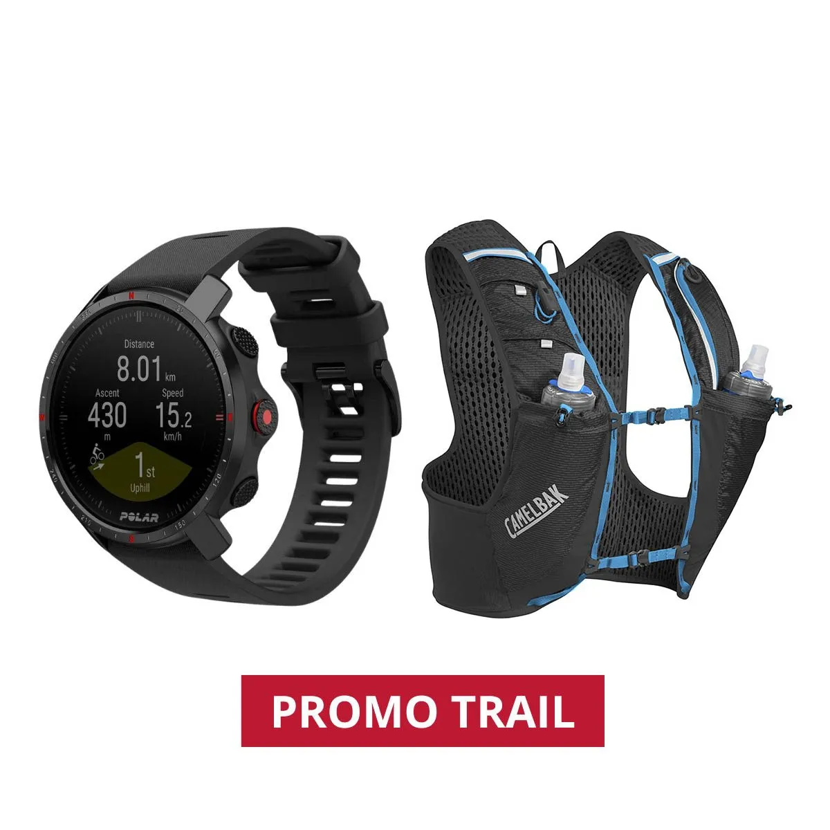 COMBO TRAIL - Reloj Polar Grit X GPS Negro M/L + Chaleco CamelBak Ultra Pro Vest 1 Lt Negro Talle L