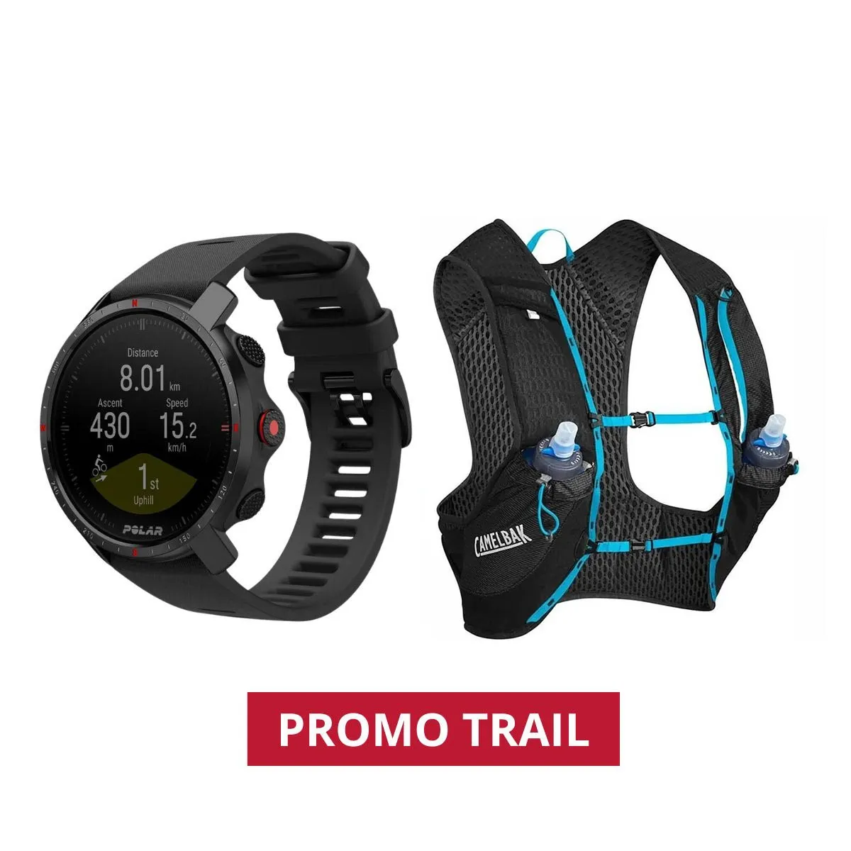 COMBO TRAIL - Reloj Polar Grit X GPS Negro M/L + Chaleco CamelBak Nano Vest 1 Lt Negro Talle L