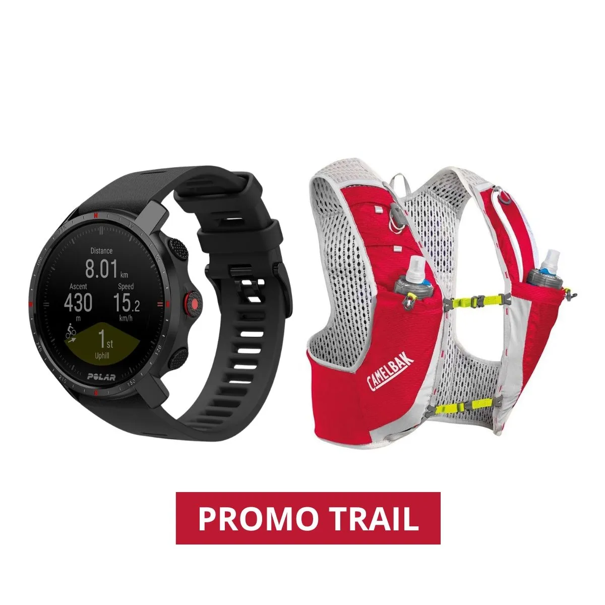 COMBO TRAIL - Reloj Polar Grit X GPS Negro M/L + Chaleco CamelBak Ultra Pro Vest 1 Lt Rojo Talle M